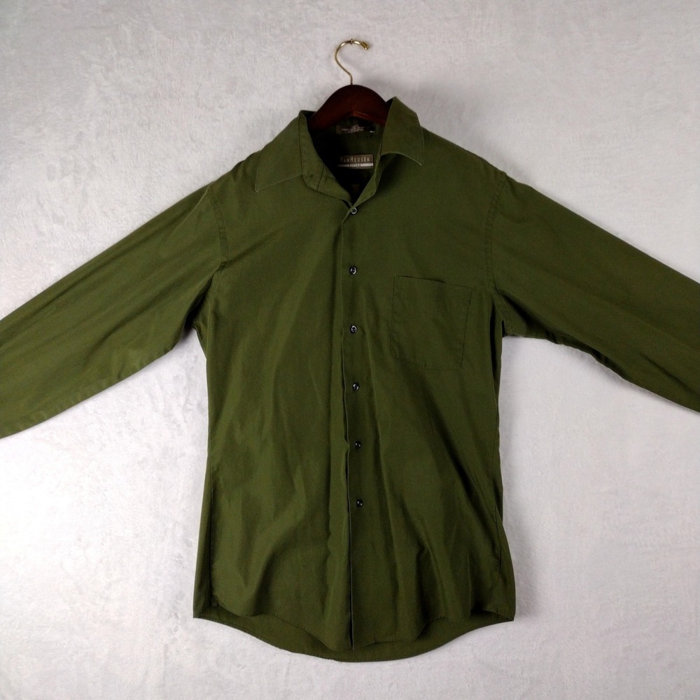 Van Heusen Fitted Olive Green Dress Shirt Mens Small 14.5 32/33 Wrinkle Free